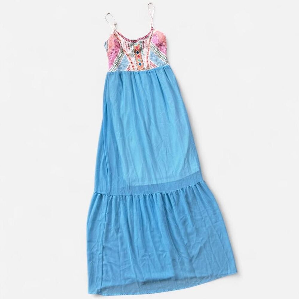 Flying Tomato Blue maxi dress multicolored geometric embroidery bodice